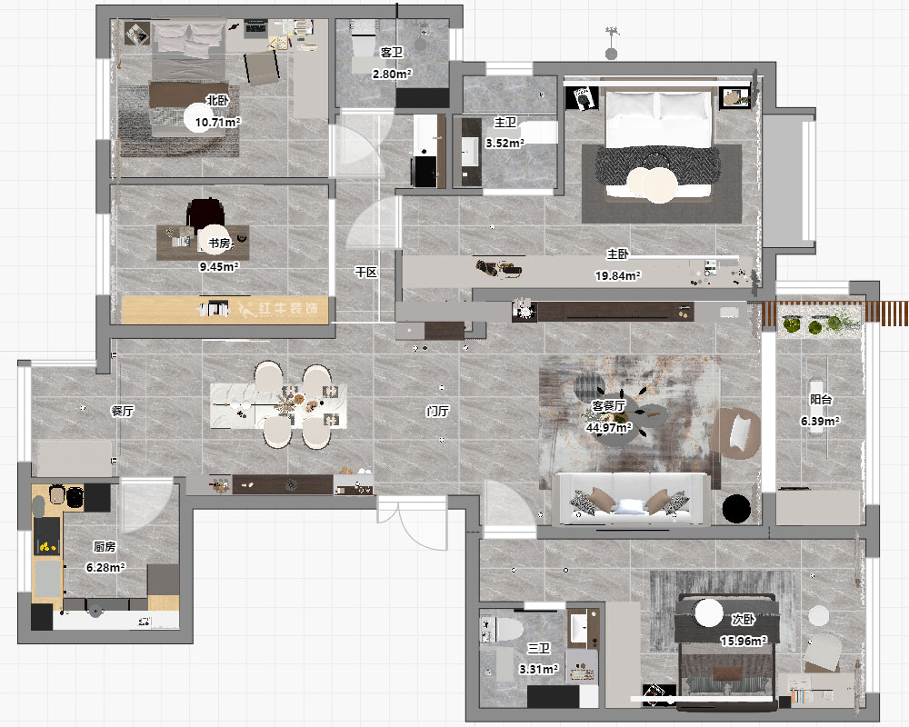 朱彦｜中海桃源里6-2-903-159㎡-现代简约风格｜4室2厅3卫｜新房装修｜定制家｜全包21万｜00_03平面彩图